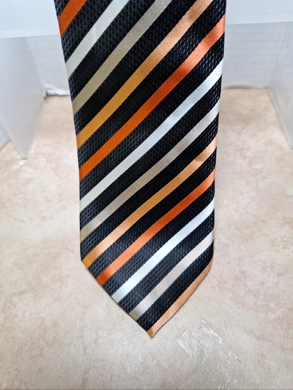 Stafford Essentials Men's Orange Black Silver Diagonal Stripe Polyester Necktie
